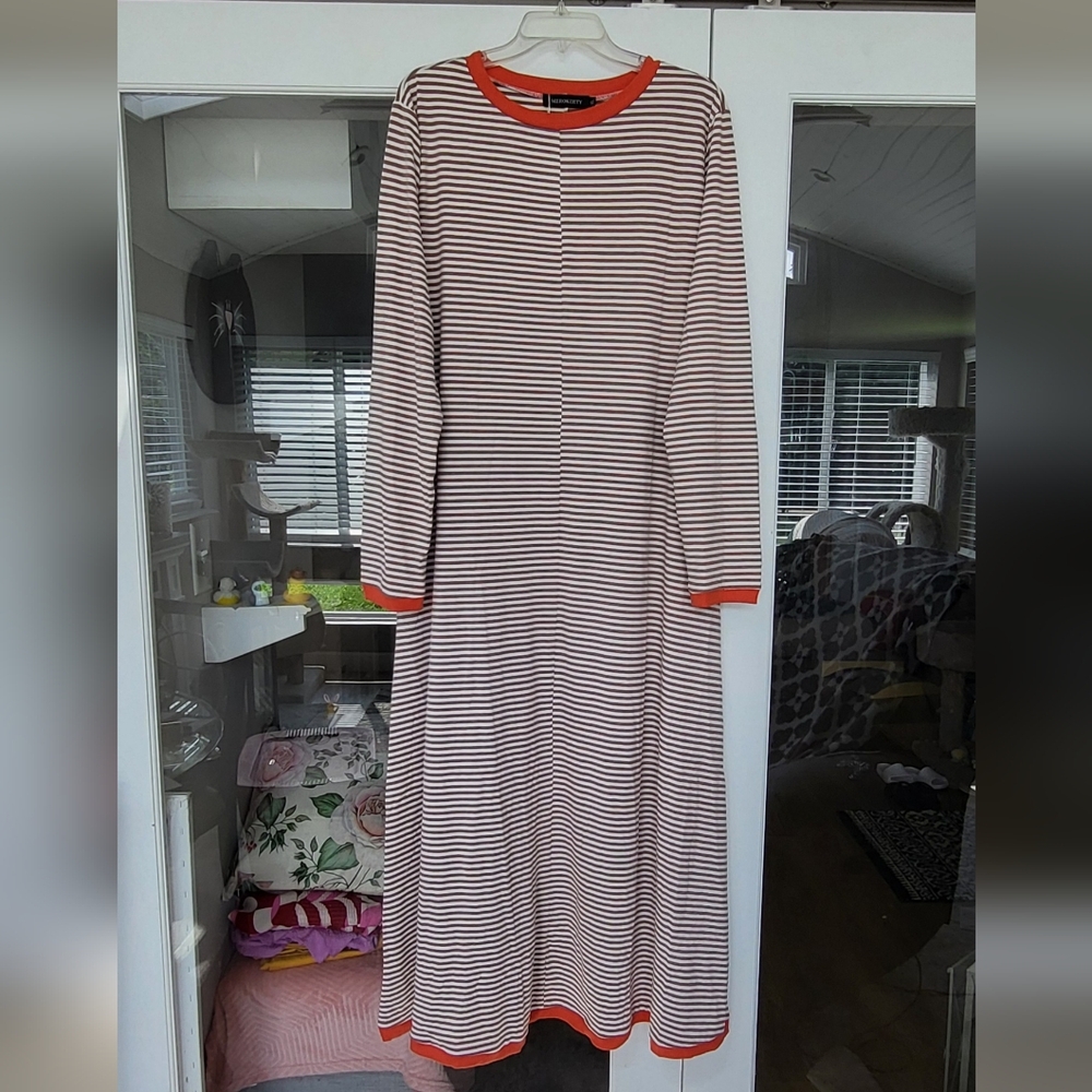 MEROKEETY Long Sleeve Maxi Dress Brown & White Striped/Orange Trim
